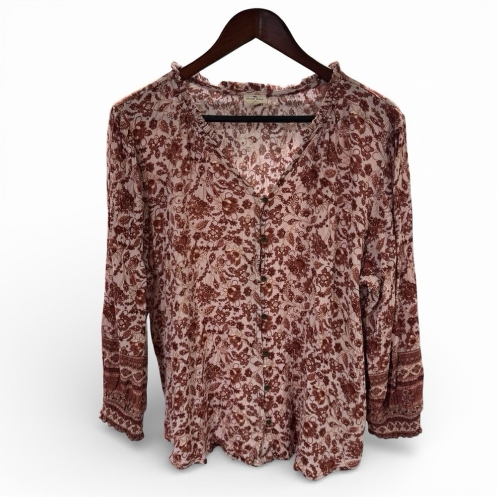 Boho Floral Peasant Blouse XXL Rust Pink Ruffle Neck Crinkle Crepe Top Cottage